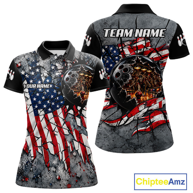 Custom Patriotic Bowling Polo 1/4-Zip Shirt Cracked US Flag And Bowling Ball Tournament Shirts