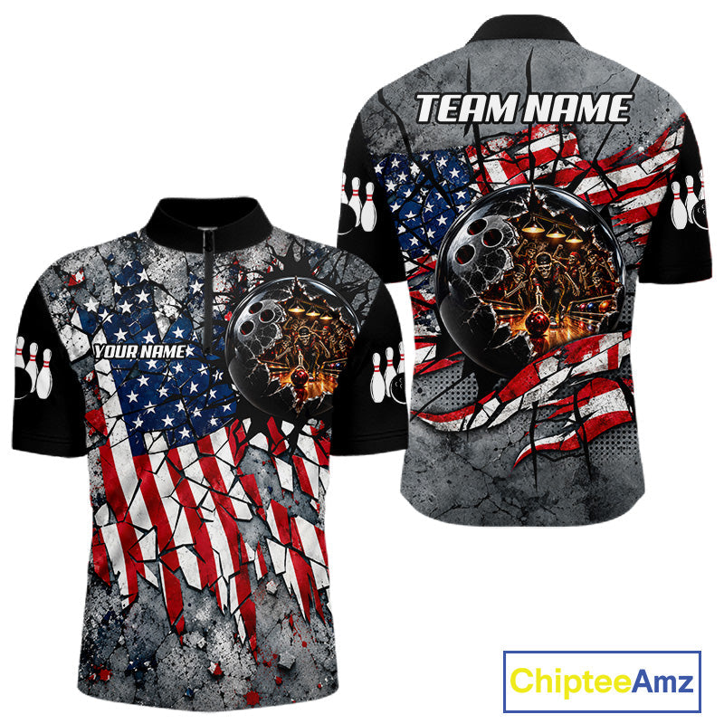 's Custom Patriotic Bowling Polo 1/4-Zip Shirt Cracked US Flag And Bowling Ball Tournament Shirts