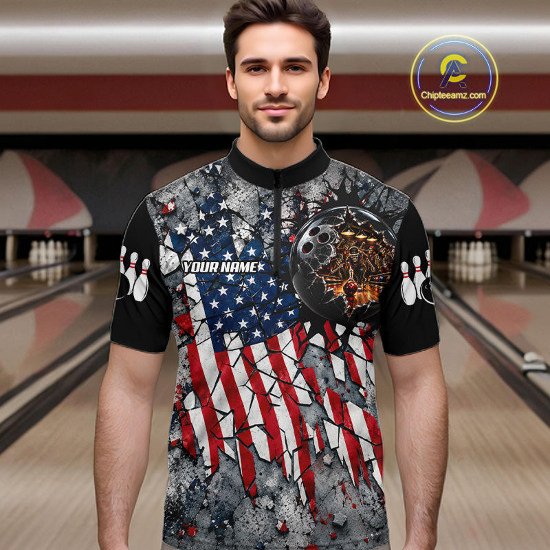 's Custom Patriotic Bowling Polo 1/4-Zip Shirt Cracked US Flag And Bowling Ball Tournament Shirts