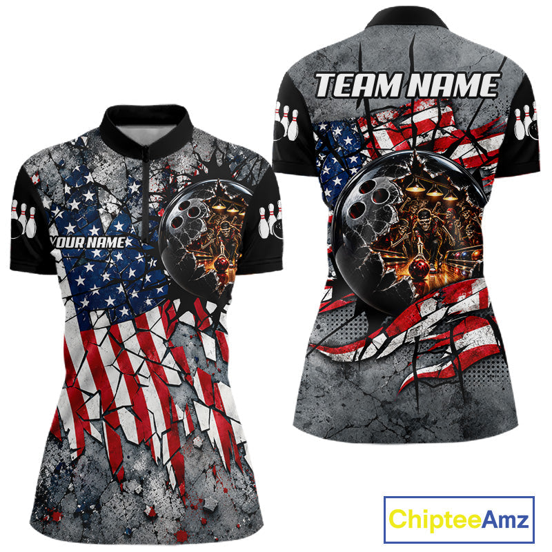 Custom Patriotic Bowling Polo 1/4-Zip Shirt Cracked US Flag And Bowling Ball Tournament Shirts