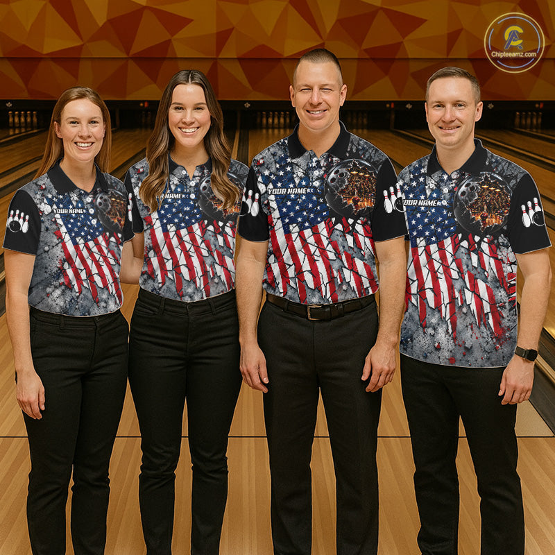 's Custom Patriotic Bowling Polo 1/4-Zip Shirt Cracked US Flag And Bowling Ball Tournament Shirts