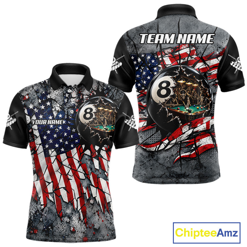 Custom 8 Ball Broken US Flag Billiard Shirt Patriotic Skeleton Pooler Billiards Team Jersey