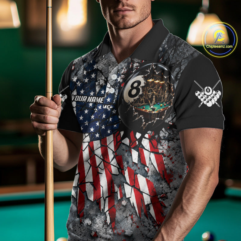 Custom 8 Ball Broken US Flag Billiard Shirt Patriotic Skeleton Pooler Billiards Team Jersey