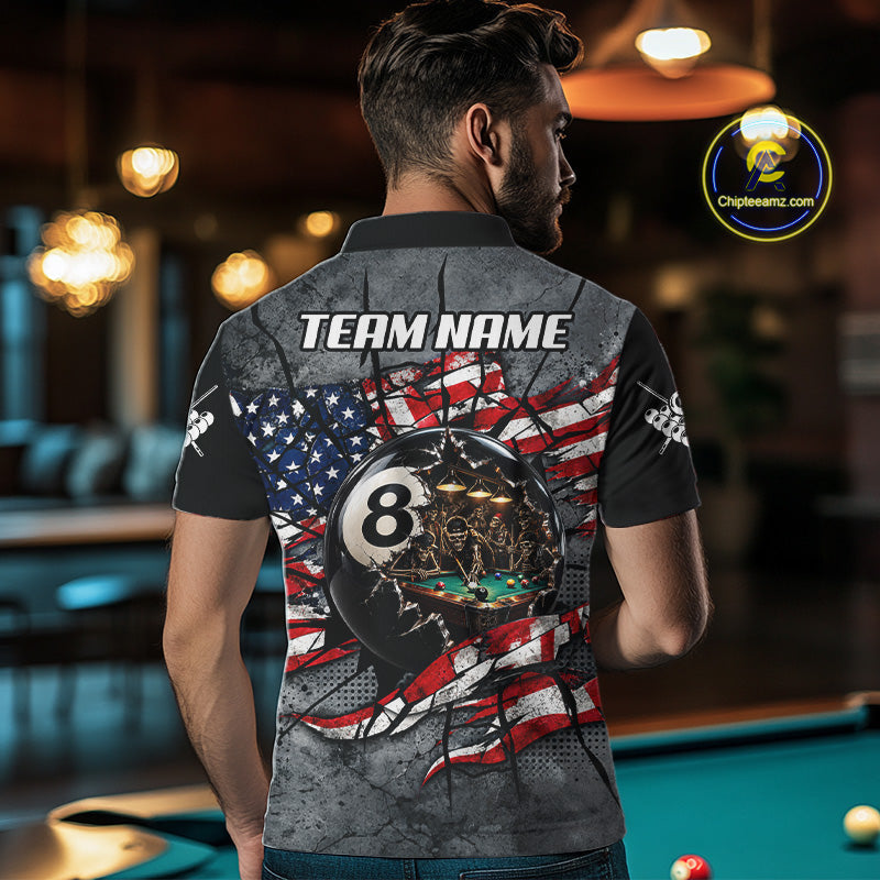 Custom 8 Ball Broken US Flag Billiard Shirt Patriotic Skeleton Pooler Billiards Team Jersey