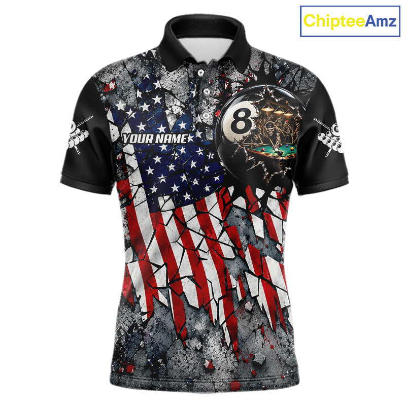 Custom 8 Ball Broken US Flag Billiard Shirt Patriotic Skeleton Pooler Billiards Team Jersey
