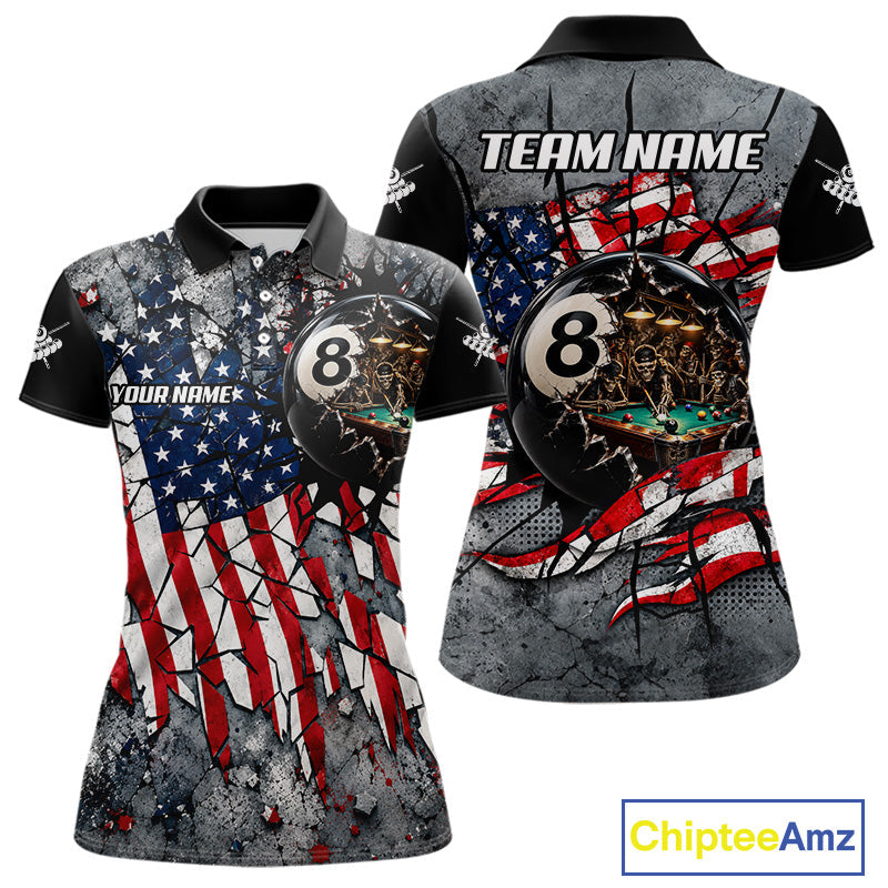 Custom 8 Ball Broken US Flag Billiard Shirt Patriotic Skeleton Pooler Billiards Team Jersey