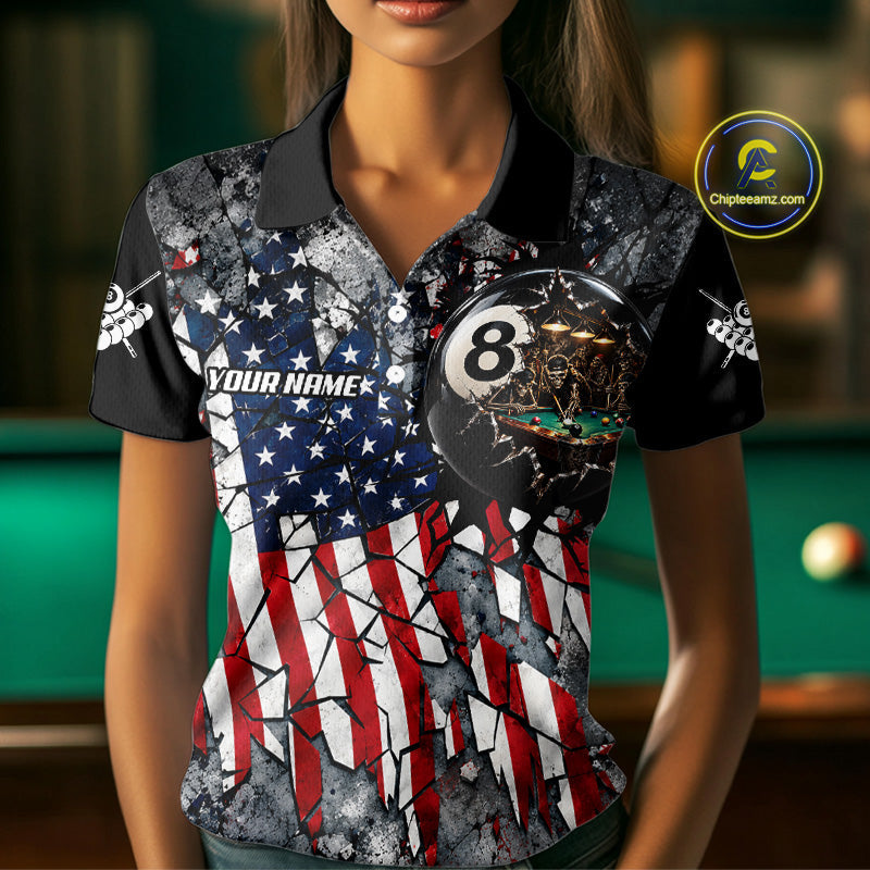 Custom 8 Ball Broken US Flag Billiard Shirt Patriotic Skeleton Pooler Billiards Team Jersey