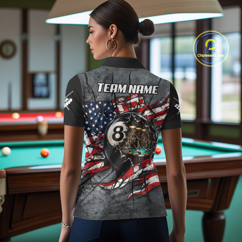 Custom 8 Ball Broken US Flag Billiard Shirt Patriotic Skeleton Pooler Billiards Team Jersey