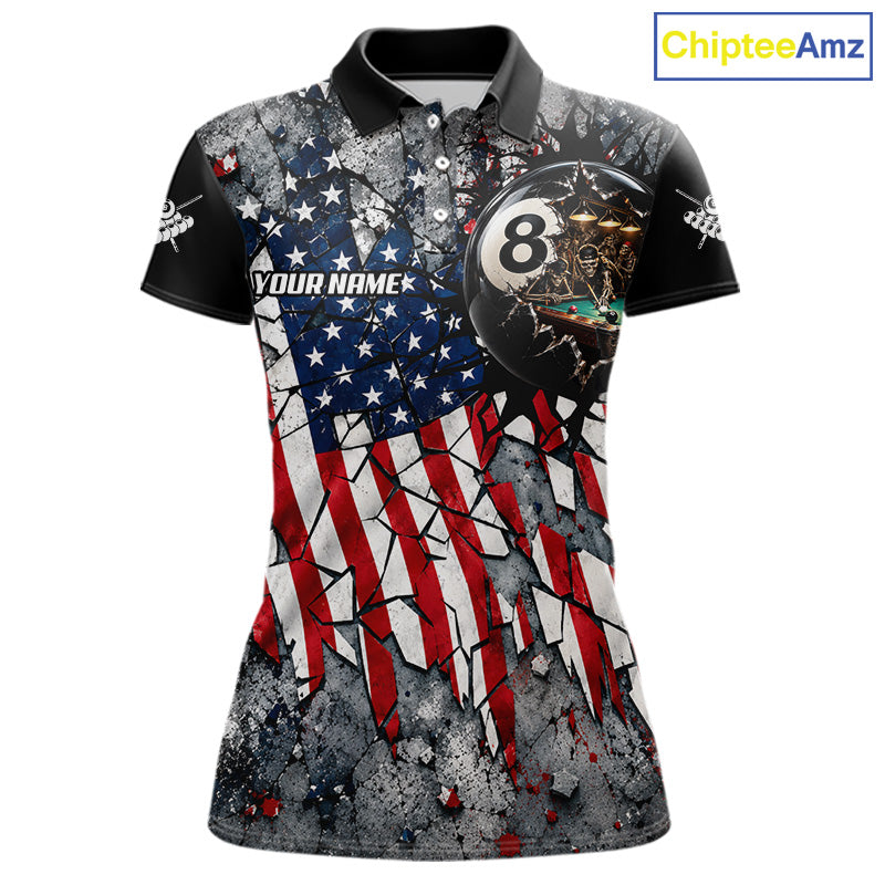 Custom 8 Ball Broken US Flag Billiard Shirt Patriotic Skeleton Pooler Billiards Team Jersey