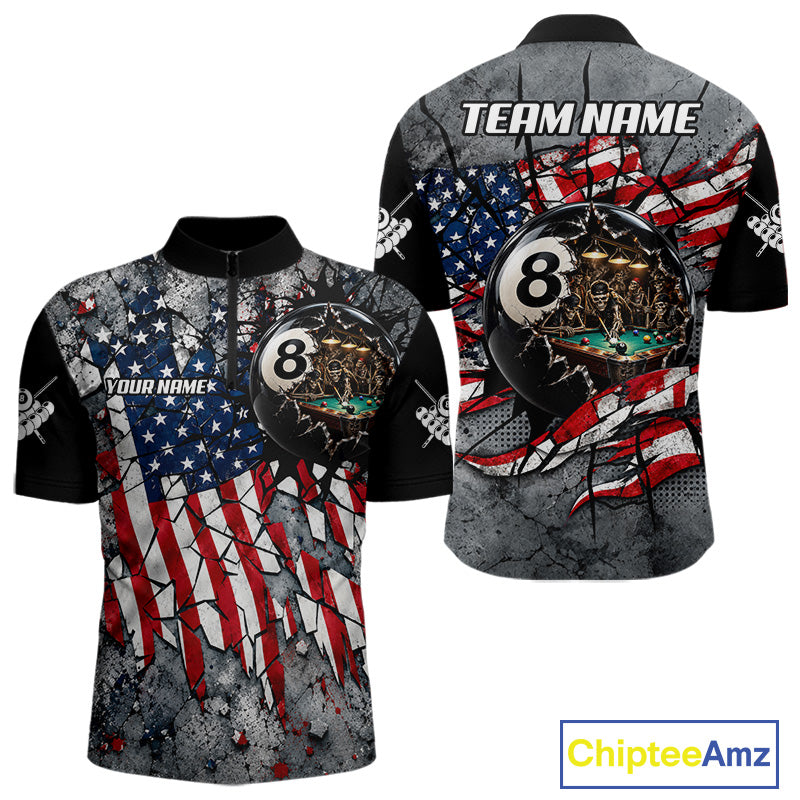 Custom 8 Ball Broken US Flag Billiard Shirt Patriotic Skeleton Pooler Billiards Team Jersey