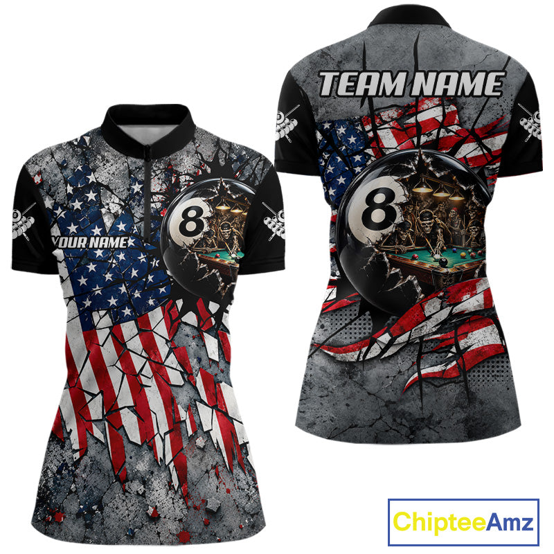 Custom 8 Ball Broken US Flag Billiard Shirt Patriotic Skeleton Pooler Billiards Team Jersey