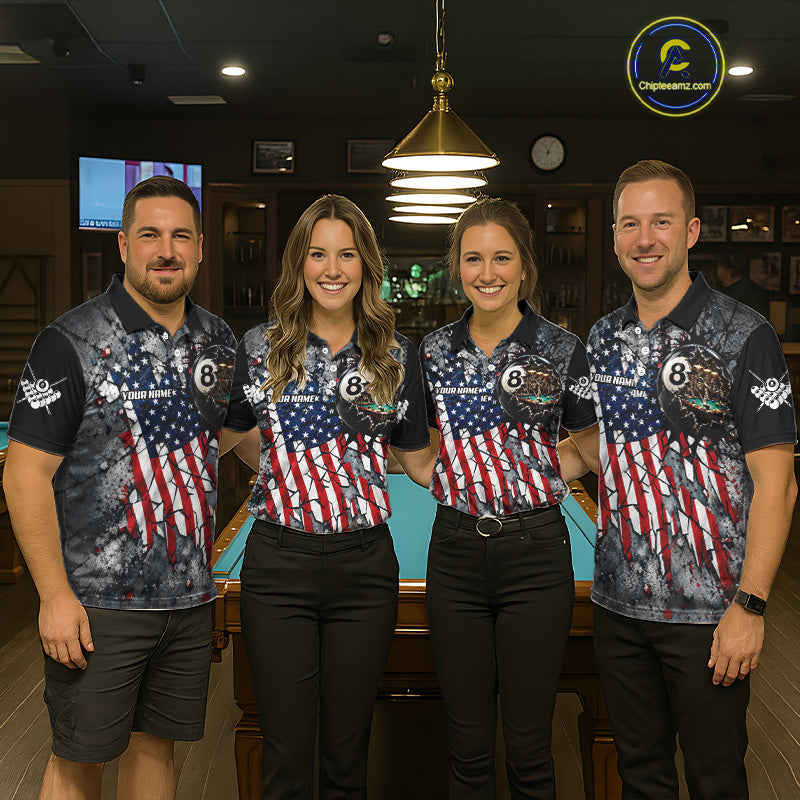 Custom 8 Ball Broken US Flag Billiard Shirt Patriotic Skeleton Pooler Billiards Team Jersey