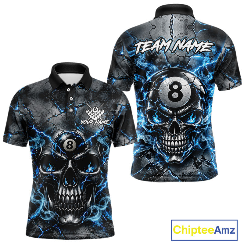 Broken Grunge Skull 8 Ball Pool Billiard Shirt Blue Smokes Billiards 1/4-Zip Polo Jersey