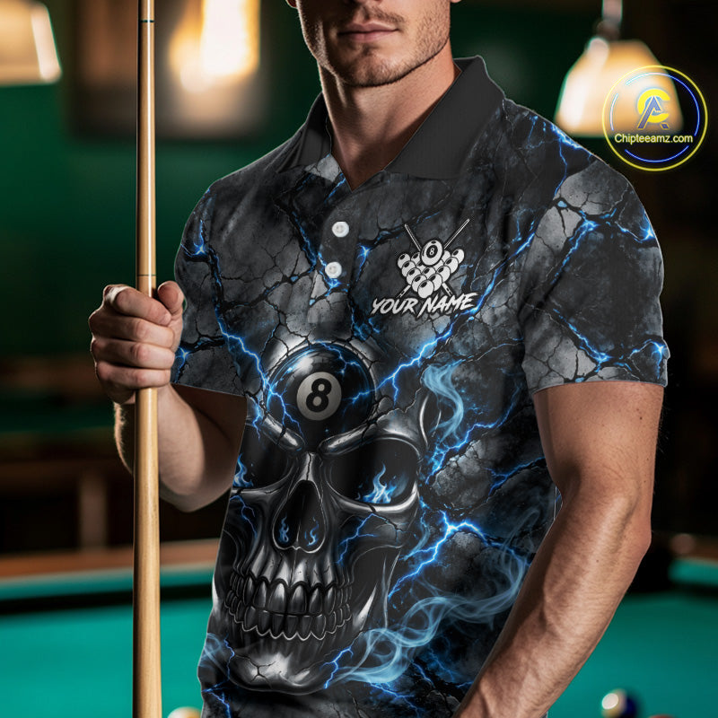 Broken Grunge Skull 8 Ball Pool Billiard Shirt Blue Smokes Billiards 1/4-Zip Polo Jersey