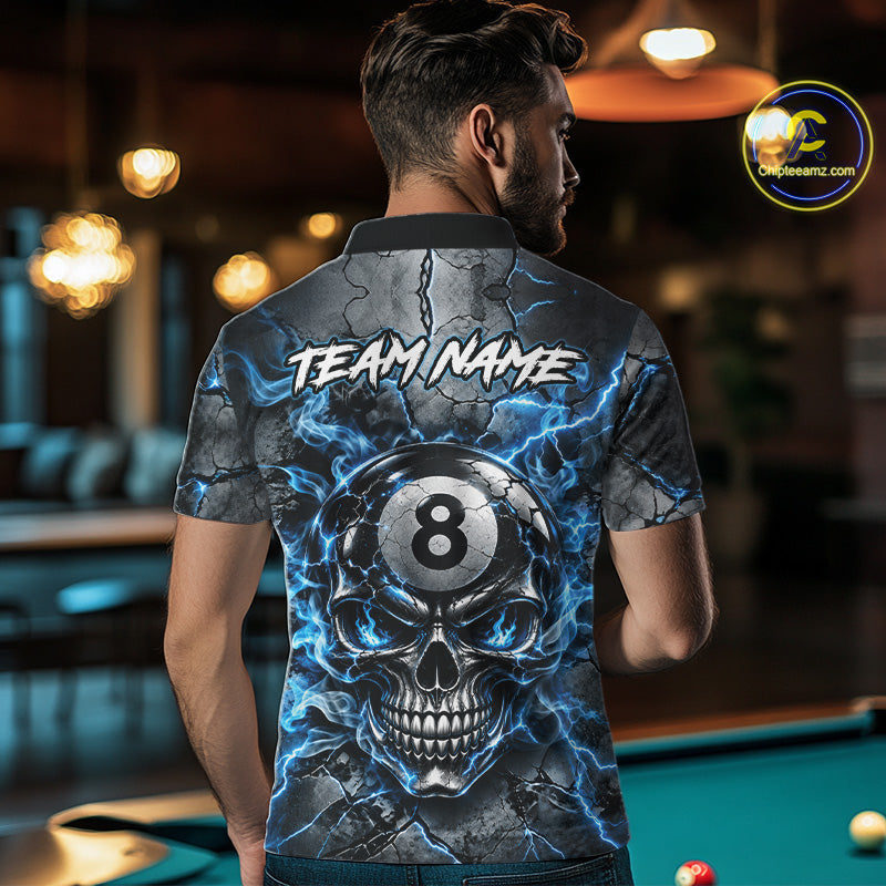 Broken Grunge Skull 8 Ball Pool Billiard Shirt Blue Smokes Billiards 1/4-Zip Polo Jersey