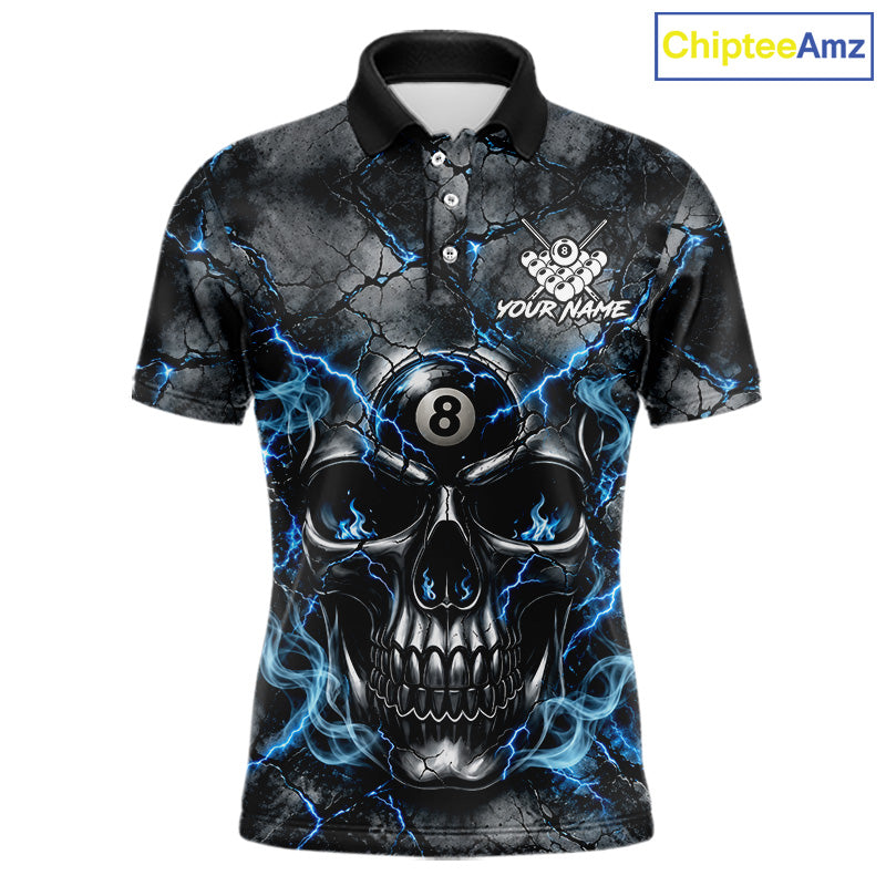 Broken Grunge Skull 8 Ball Pool Billiard Shirt Blue Smokes Billiards 1/4-Zip Polo Jersey