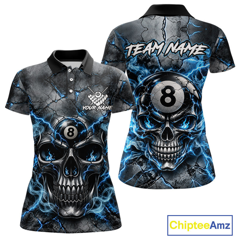 Broken Grunge Skull 8 Ball Pool Billiard Shirt Blue Smokes Billiards 1/4-Zip Polo Jersey