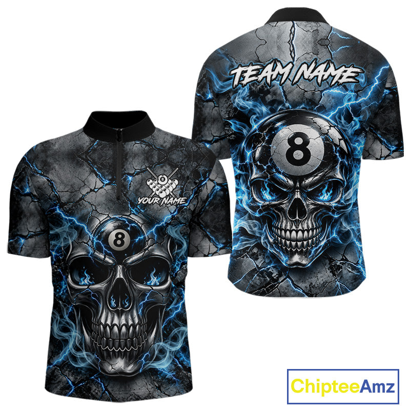 Broken Grunge Skull 8 Ball Pool Billiard Shirt Blue Smokes Billiards 1/4-Zip Polo Jersey