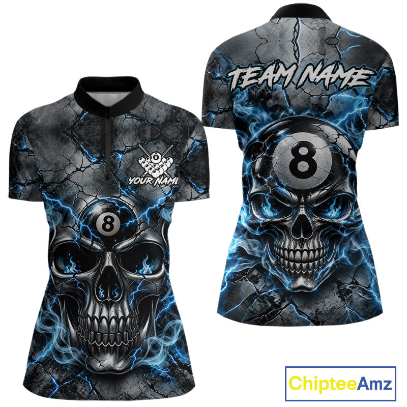 Broken Grunge Skull 8 Ball Pool Billiard Shirt Blue Smokes Billiards 1/4-Zip Polo Jersey
