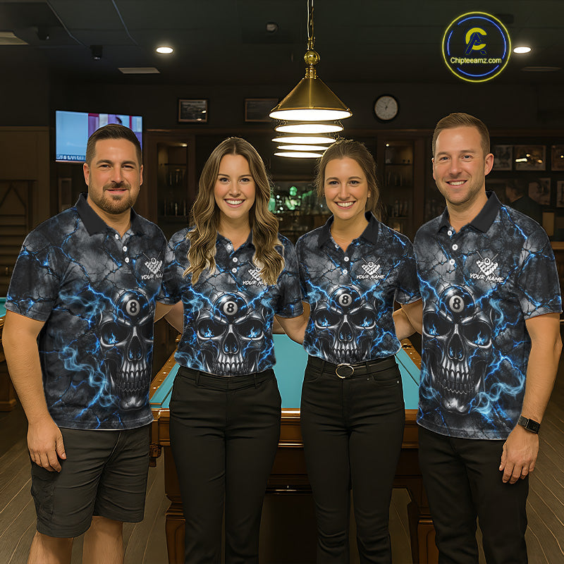 Broken Grunge Skull 8 Ball Pool Billiard Shirt Blue Smokes Billiards 1/4-Zip Polo Jersey