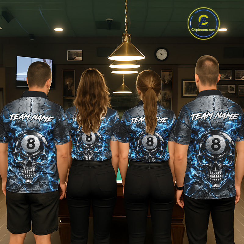 Broken Grunge Skull 8 Ball Pool Billiard Shirt Blue Smokes Billiards 1/4-Zip Polo Jersey
