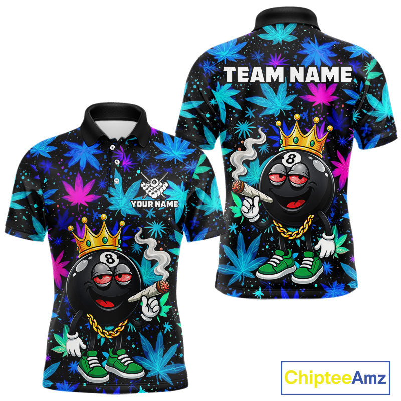 Custom Funny Crown 8 Ball Pool Polo 1/4-Zip Shirt Neon Leaf Billiard Team Jersey