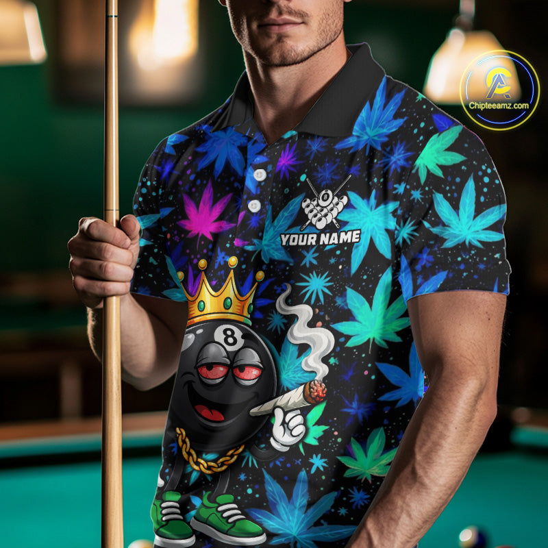 Custom Funny Crown 8 Ball Pool Polo 1/4-Zip Shirt Neon Leaf Billiard Team Jersey