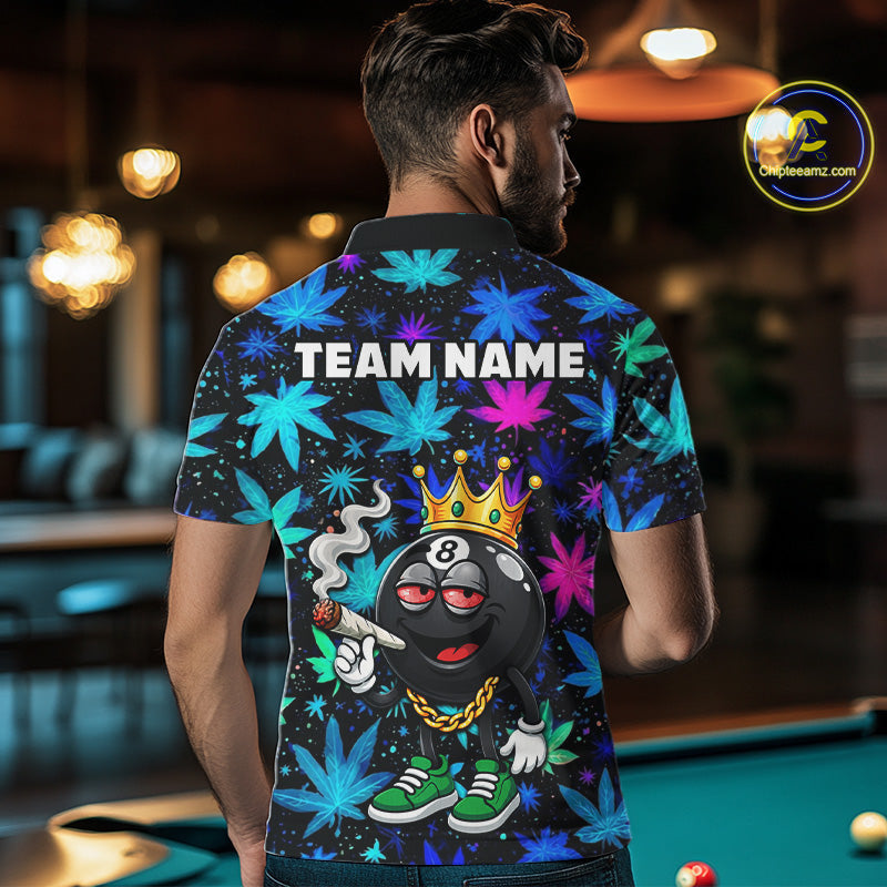 Custom Funny Crown 8 Ball Pool Polo 1/4-Zip Shirt Neon Leaf Billiard Team Jersey