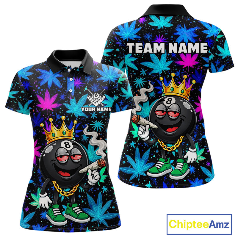 Custom Funny Crown 8 Ball Pool Polo 1/4-Zip Shirt Neon Leaf Billiard Team Jersey