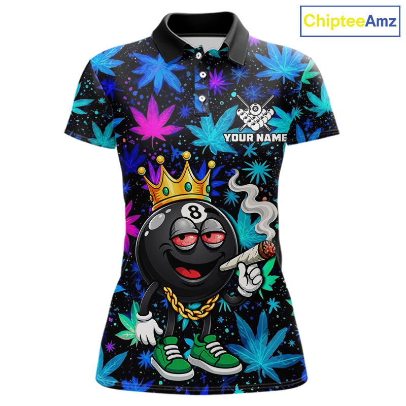 Custom Funny Crown 8 Ball Pool Polo 1/4-Zip Shirt Neon Leaf Billiard Team Jersey