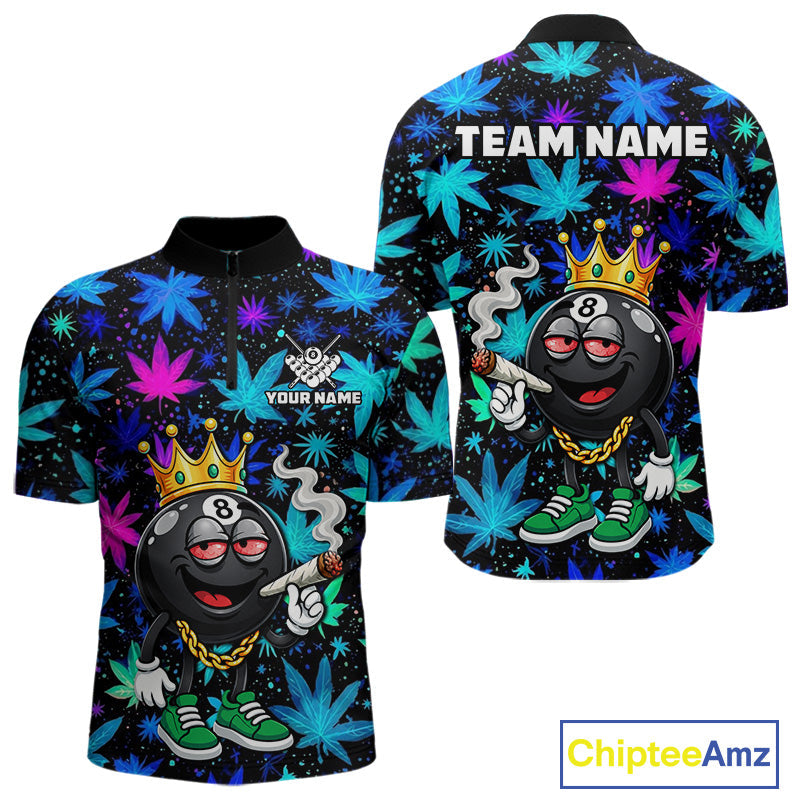 Custom Funny Crown 8 Ball Pool Polo 1/4-Zip Shirt Neon Leaf Billiard Team Jersey