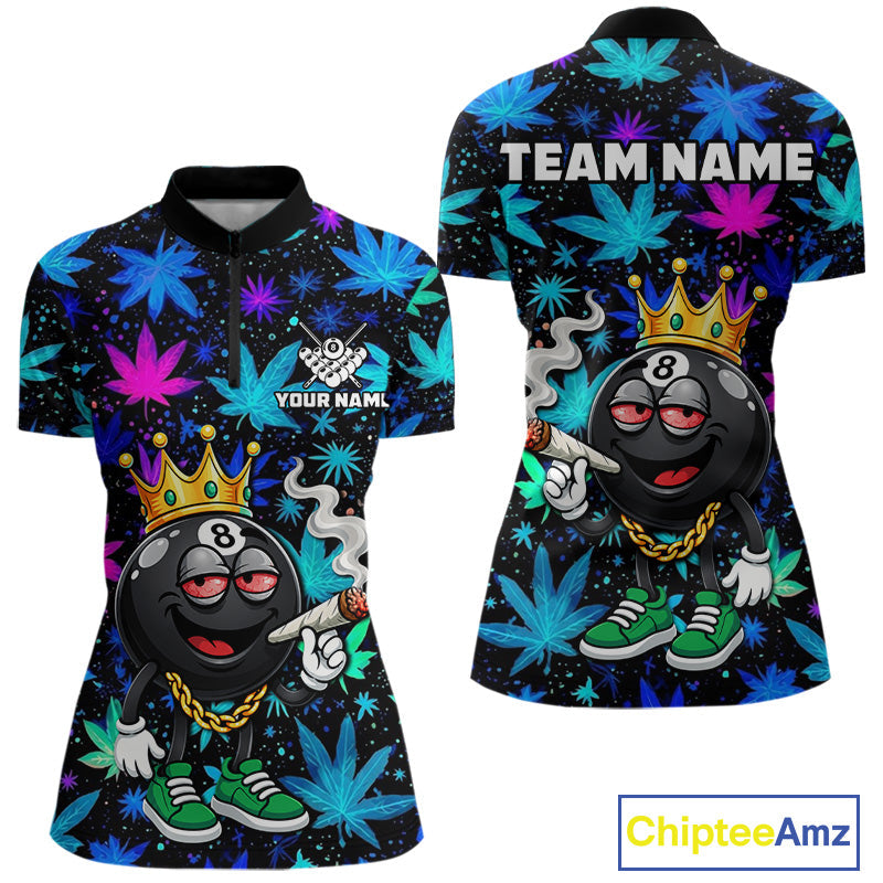 Custom Funny Crown 8 Ball Pool Polo 1/4-Zip Shirt Neon Leaf Billiard Team Jersey