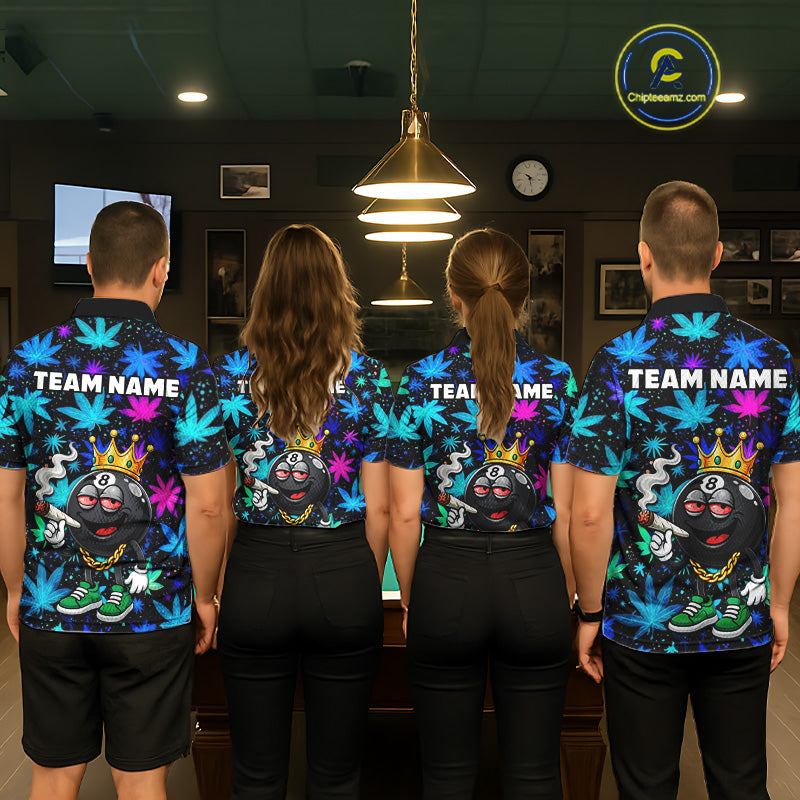 Custom Funny Crown 8 Ball Pool Polo 1/4-Zip Shirt Neon Leaf Billiard Team Jersey