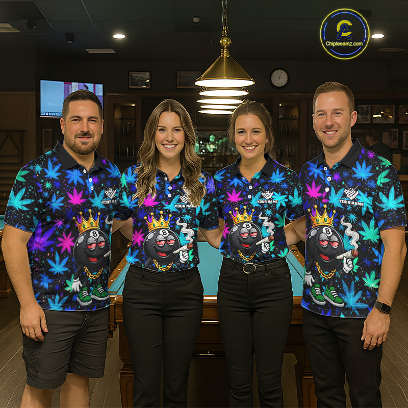 Custom Funny Crown 8 Ball Pool Polo 1/4-Zip Shirt Neon Leaf Billiard Team Jersey
