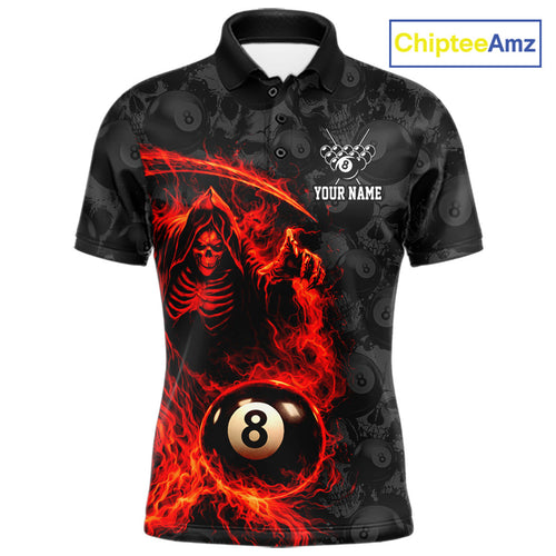 Personalized Red Flaming Grim Reaper 8 Ball Pool Billiard Shirts Billiard Attire Gifts