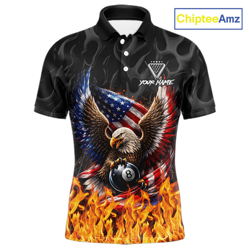 Personalized Fire Flame US Flag Eagle 8 Ball Pool Billiard Shirts Patriotic Billiard Gifts
