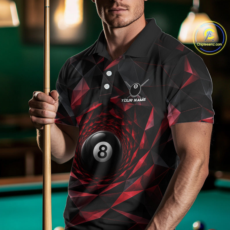 Custom 8 Ball Pool Jersey Personalized Red Geometric Billiard Short Sleeve Polo Quarter-Zip Shirt