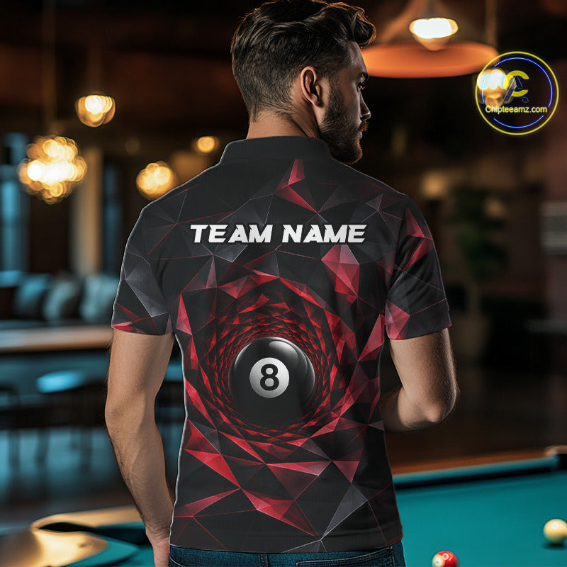 Custom 8 Ball Pool Jersey Personalized Red Geometric Billiard Short Sleeve Polo Quarter-Zip Shirt