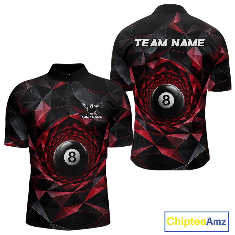 Custom 8 Ball Pool Jersey Personalized Red Geometric Billiard Short Sleeve Polo Quarter-Zip Shirt