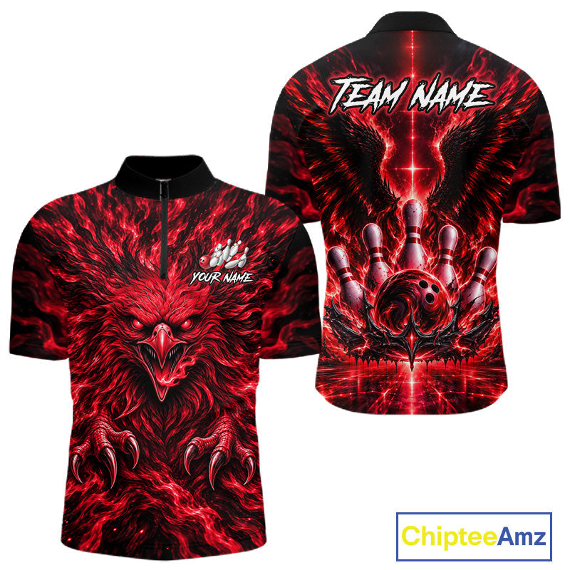 Red Lightning Eagle Bowling Polo 1/4-Zip Custom Crown Wings Bowling Strike Team Apparel