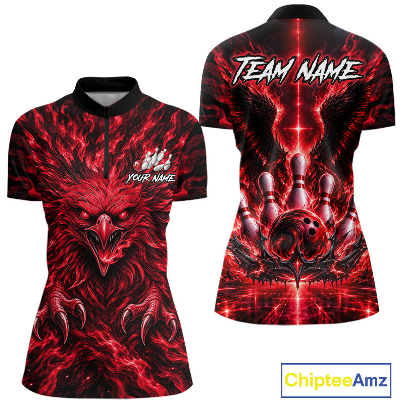 Red Lightning Eagle Bowling Polo 1/4-Zip Custom Crown Wings Bowling Strike Team Apparel