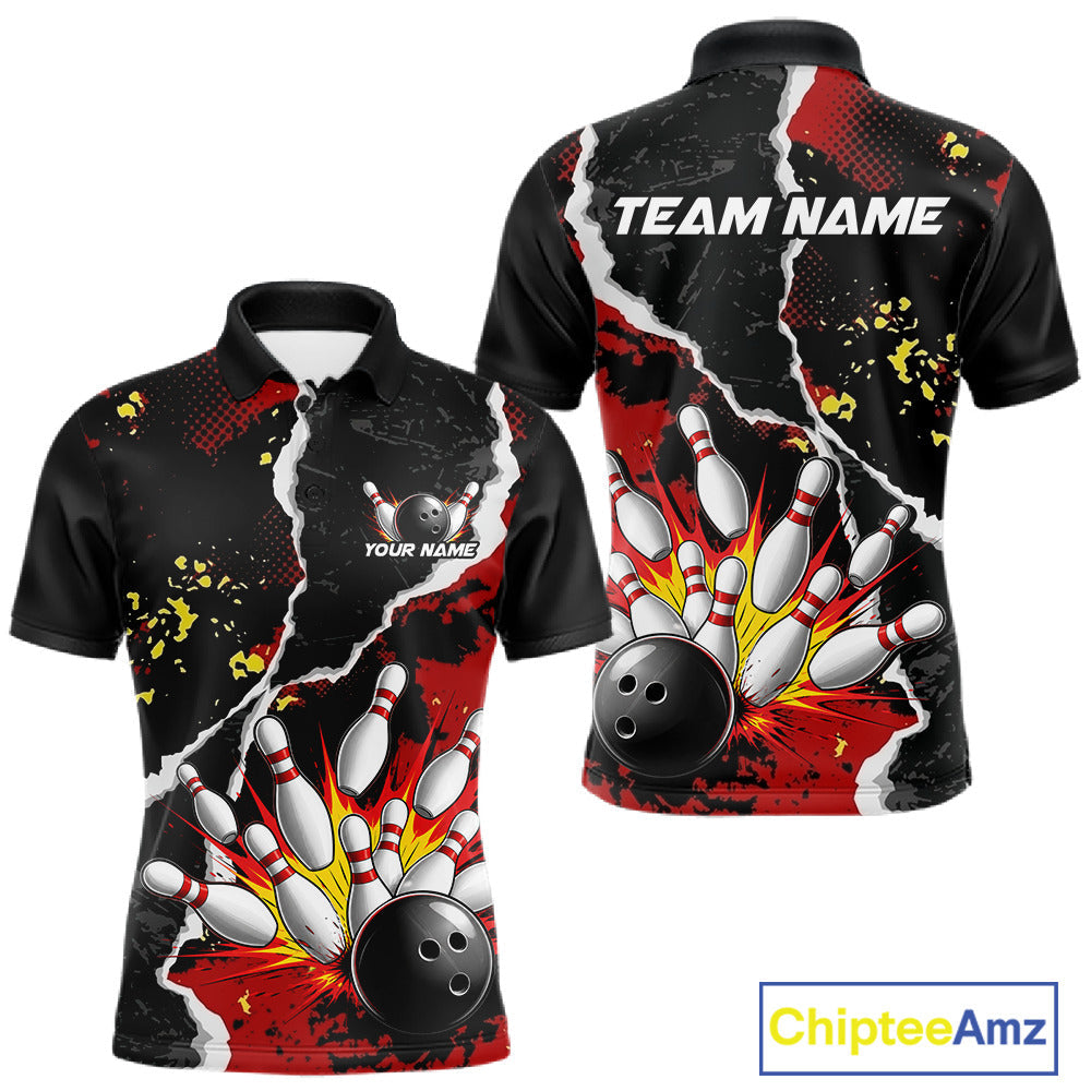 Grunge Black & Red Strike Bowling Ball & Pins Shirts Personalized Bowling Team Outfits