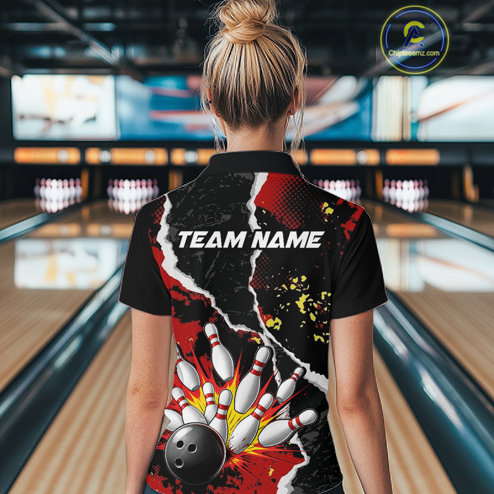 Grunge Black & Red Strike Bowling Ball & Pins Shirts Personalized Bowling Team Outfits