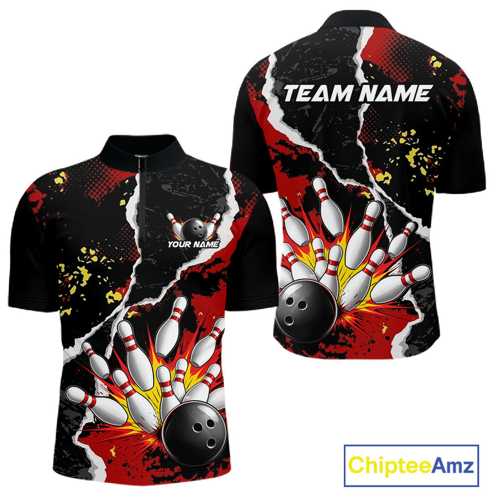 Grunge Black & Red Strike Bowling Ball & Pins Shirts Personalized Bowling Team Outfits
