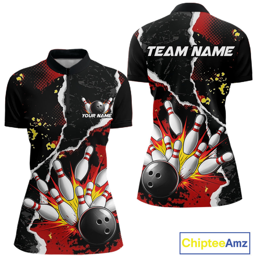 Grunge Black & Red Strike Bowling Ball & Pins Shirts Personalized Bowling Team Outfits