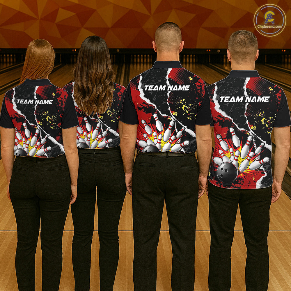 Grunge Black & Red Strike Bowling Ball & Pins Shirts Personalized Bowling Team Outfits