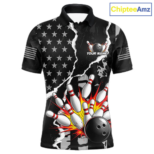 Grunge Black US Flag Strike Bowling Ball & Pins Shirts Custom Patriot Bowling Team Outfits