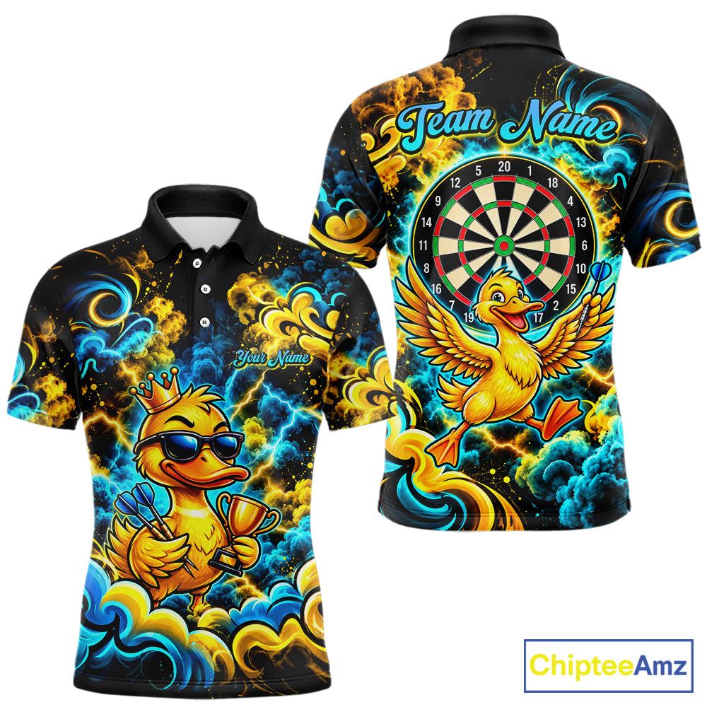 Yellow Blue Smoke Duck Darts Polo 1/4-Zip Shirt Neon Lightning Funny Darts Team Uniform