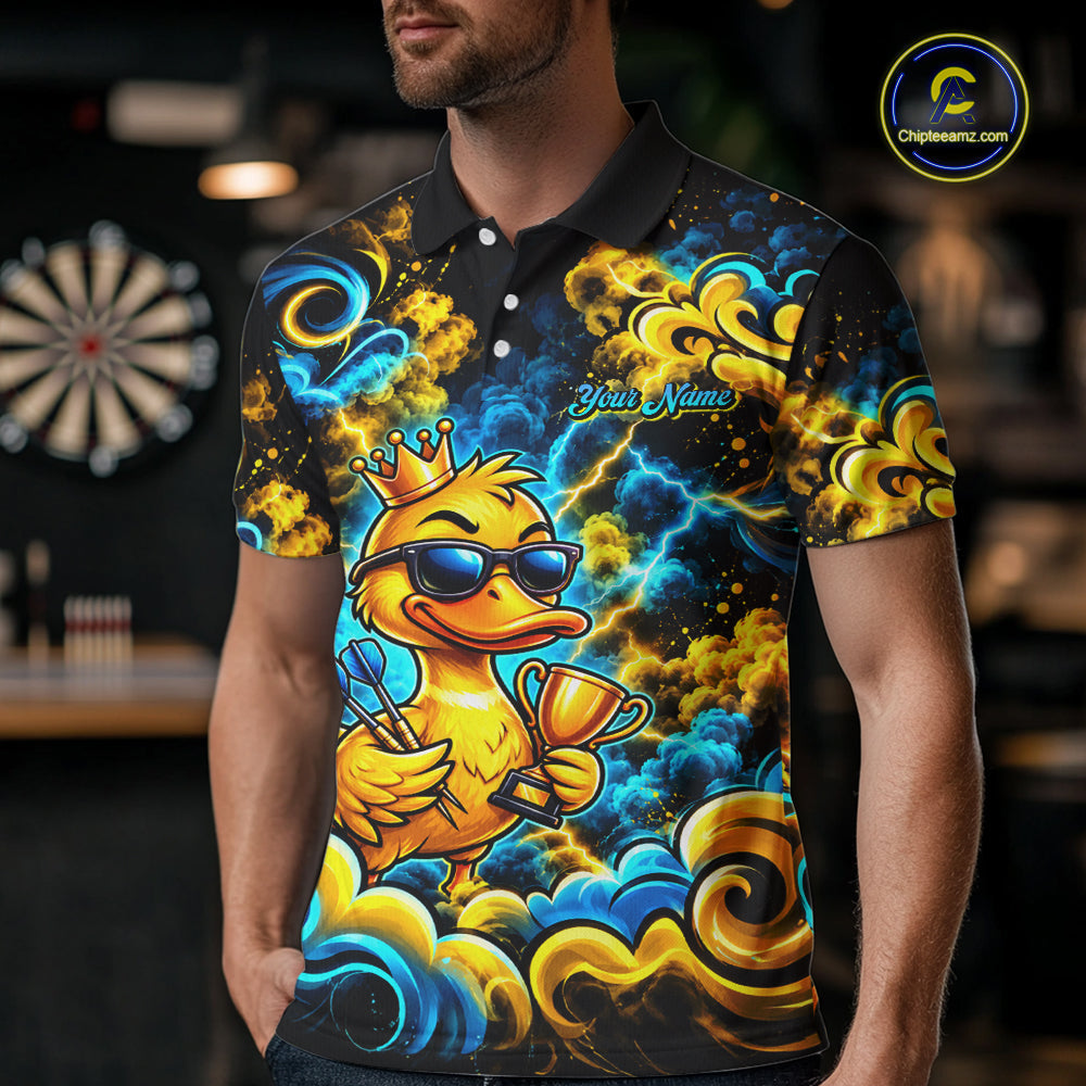 Yellow Blue Smoke Duck Darts Polo 1/4-Zip Shirt Neon Lightning Funny Darts Team Uniform