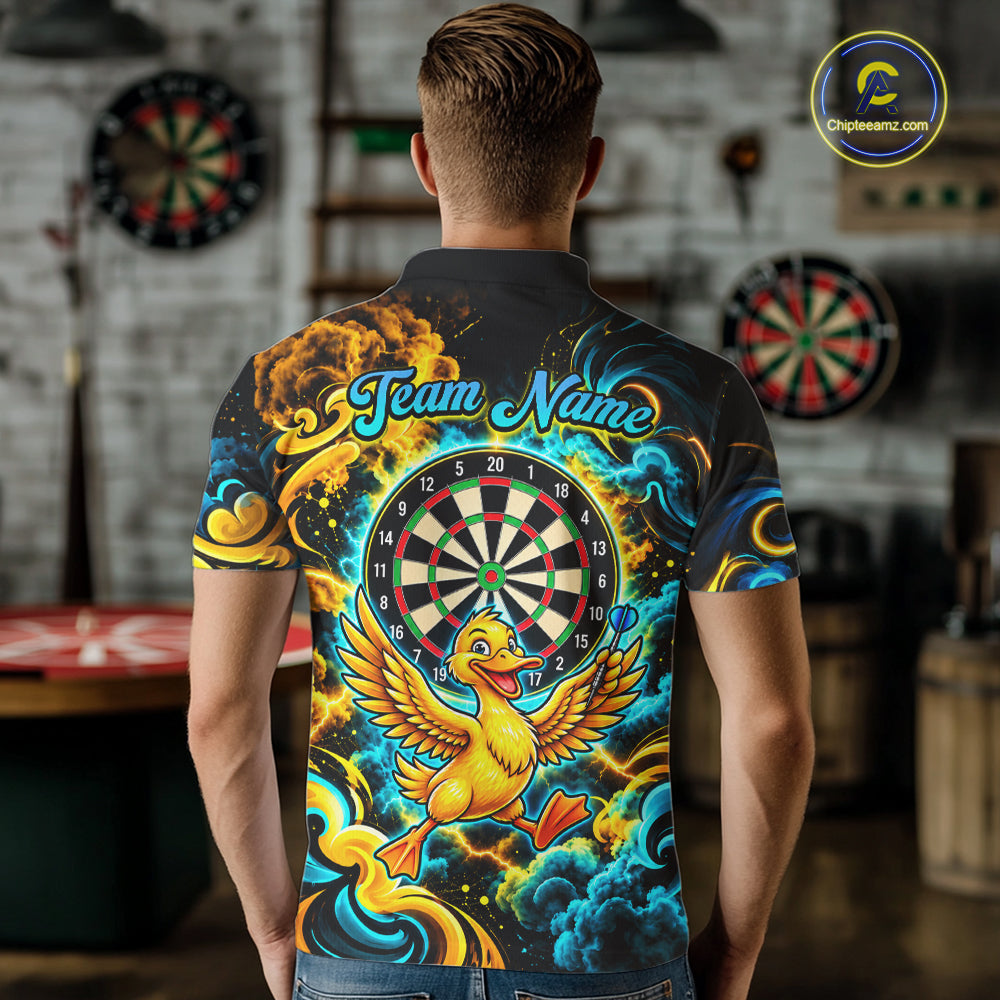 Yellow Blue Smoke Duck Darts Polo 1/4-Zip Shirt Neon Lightning Funny Darts Team Uniform